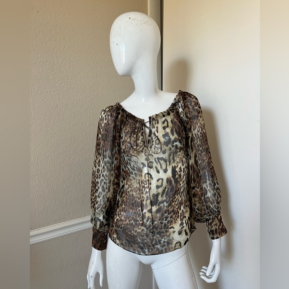 CYNTHIA ROSE 100% Silk Animal Leopard Print Peasant Blouse Sz S - Picture 1 of 7